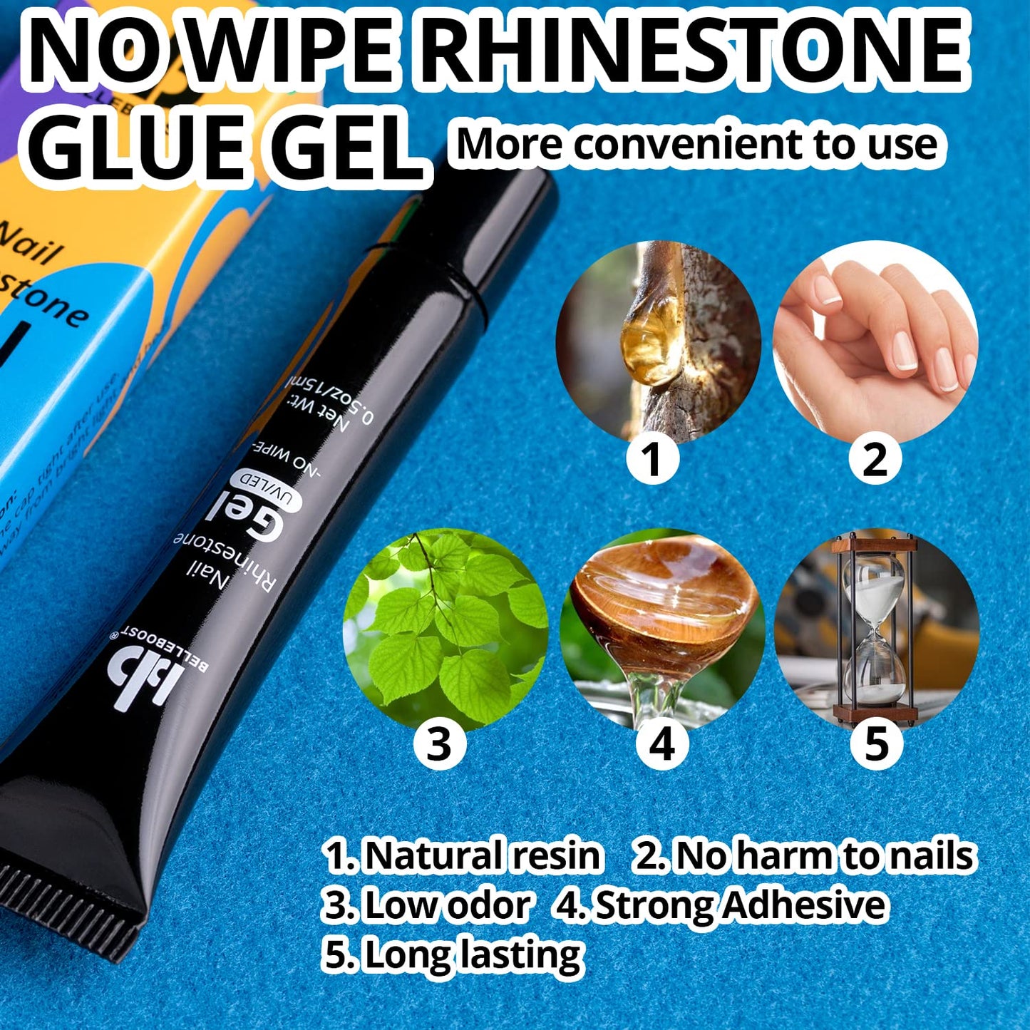 Nail Art Rhinestone Glue Gel&2 Boxes Flatback Gems Kit, 1 Tube of 15ml Rhinestone Gel Glue(UV/LED Needed)+Round Glass Crystal Clear Gemstones with Pickup Tools