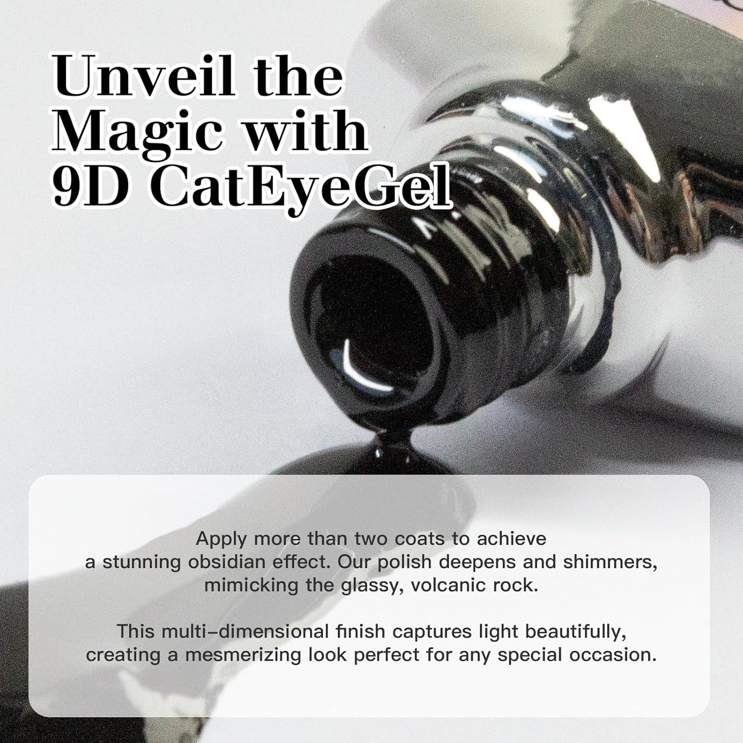 9D Cat Eye Gel Nail Polish Set, 15ml Obsidian Black Cat Eye Gel, Includes Silicone Handle Cylinder Magnetic Stick for Mesmerizing 9D Effects