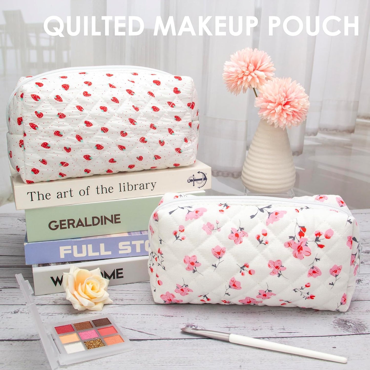 PAZIMIIK Vintage Quilted Makeup Bag Cosmetic Pouch for Brushes Pencils and Travel Make Up Accessories for Women and Girls Myrtle Pink