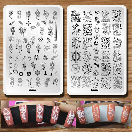 2pcs Mix Nail Art Stamp Template Dreamcatcher Feather Pendant Image Nail Stamping Plates Cute Animals Cartoon DIY Designs Manicure Stamper Plate Stencils