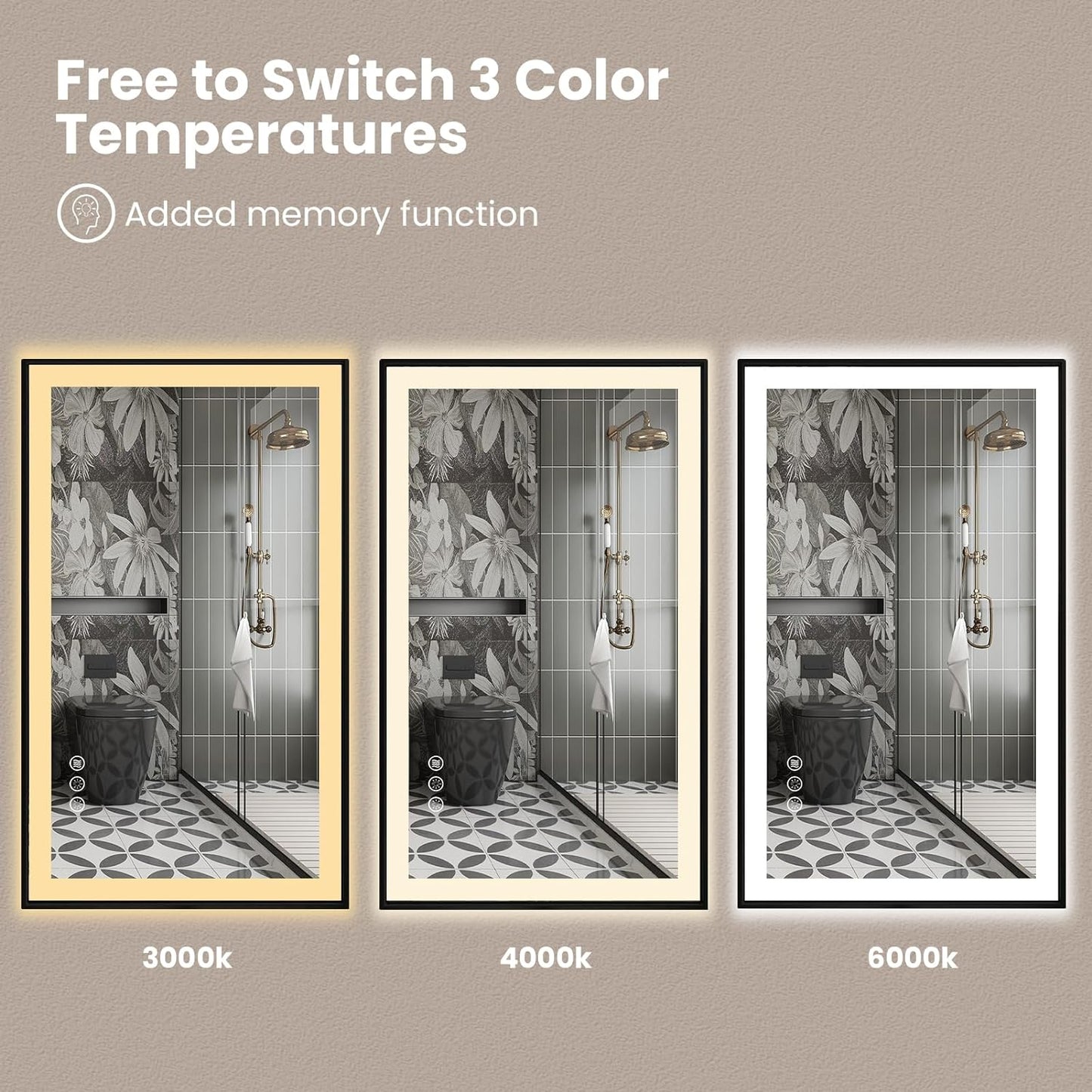 Amorho 48" X36" LED Bathroom Mirror with Black Frame, Front Light and Backlit(Controlled Separately), Stepless Dimmable, Anti-Fog, Shatter-Proof, 3 Colors, Memory