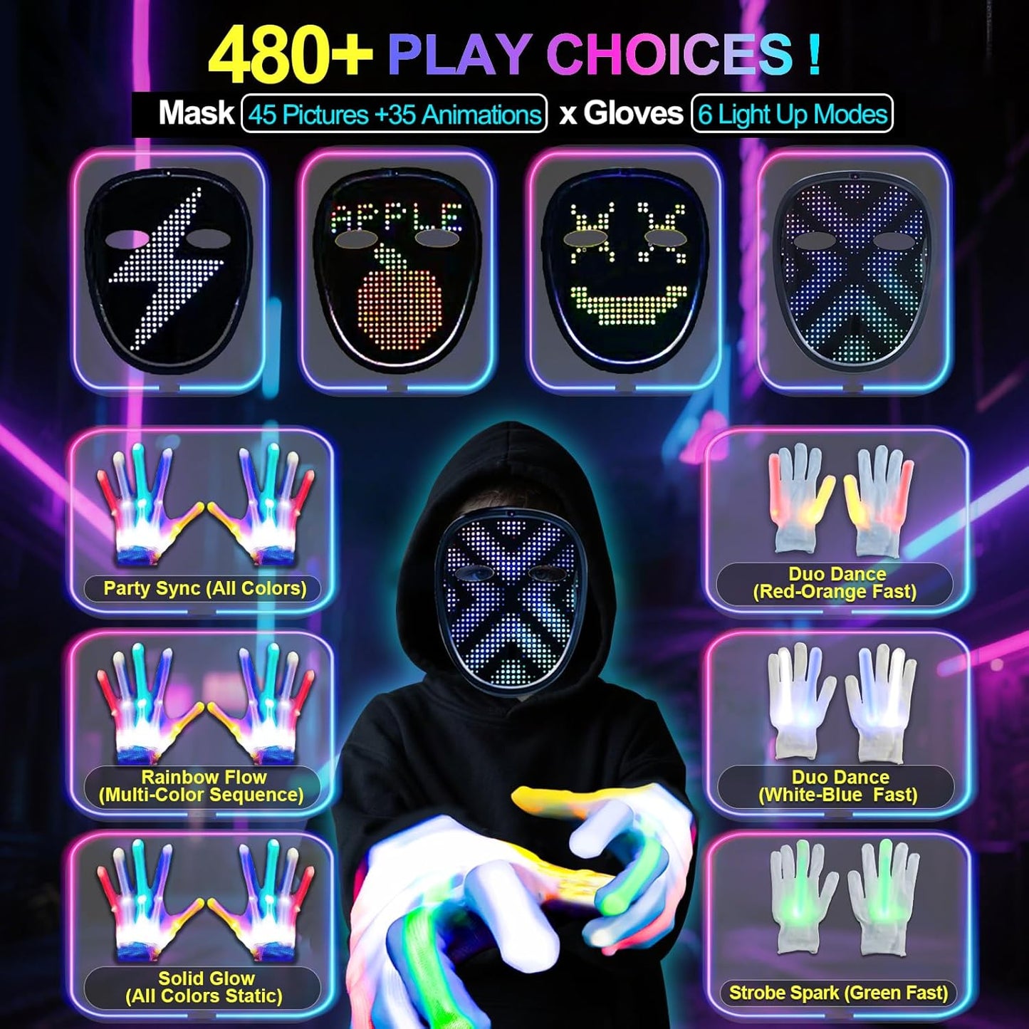 Led-Mask Gloves Halloween-Costumes For Kids Men Adult 2025, Light Up Gesture Cosplay Birthday Gifts For Boys 8+