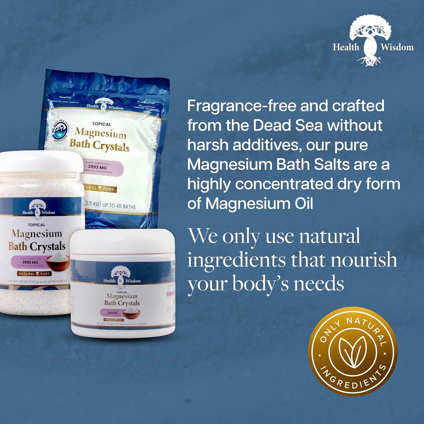 Health and Wisdom Magnesium Bath Crystals - Bath Salts with High Concentration & Enhanced Absorption for Muscle & Joint Relief - Dead Sea Sourced - Unscented - .75 lbs - Up to 6 Uses