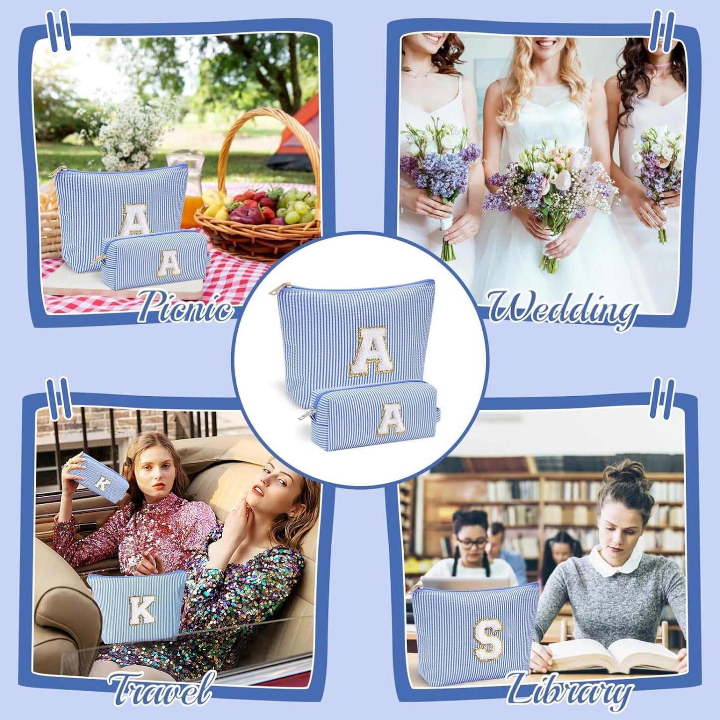 YOOLIFE Personalized Gifts for Women, Initial Makeup Bag with Makeup Pouch Cosmetics Organizer Bag Cute Makeup Bag Wedding Mothers Day Gifts Wedding Gifts for Sister Wife Friend Female Mom Blue N