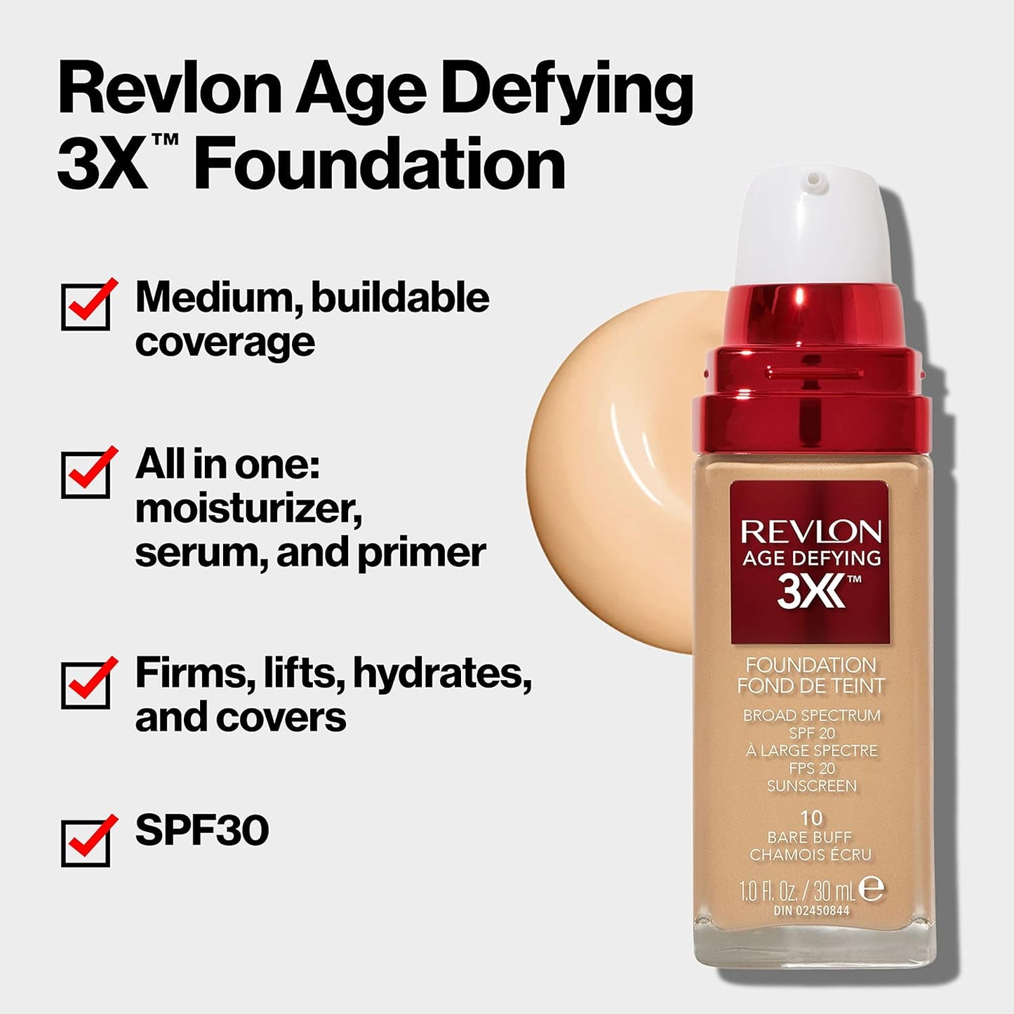 Revlon Liquid Foundation, Age Defying 3XFace Makeup, Anti-Aging and Firming Formula, SPF 30, Longwear Medium Buildable Coverage with Natural Finish, 070 Early Tan, 1 Fl Oz