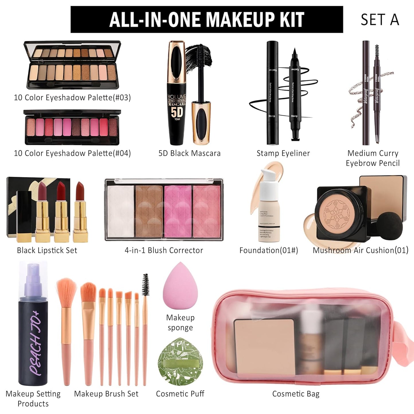 All In One Multipurpose Makeup Kit for Women,Travel Makeup Sets,Makeup Gift Full Kit,Includes Foundation Eyeshadow Palette Lipstick Mascara Eyeliner Blusher Cosmetic Brush Set with Makeup Bag-Set A