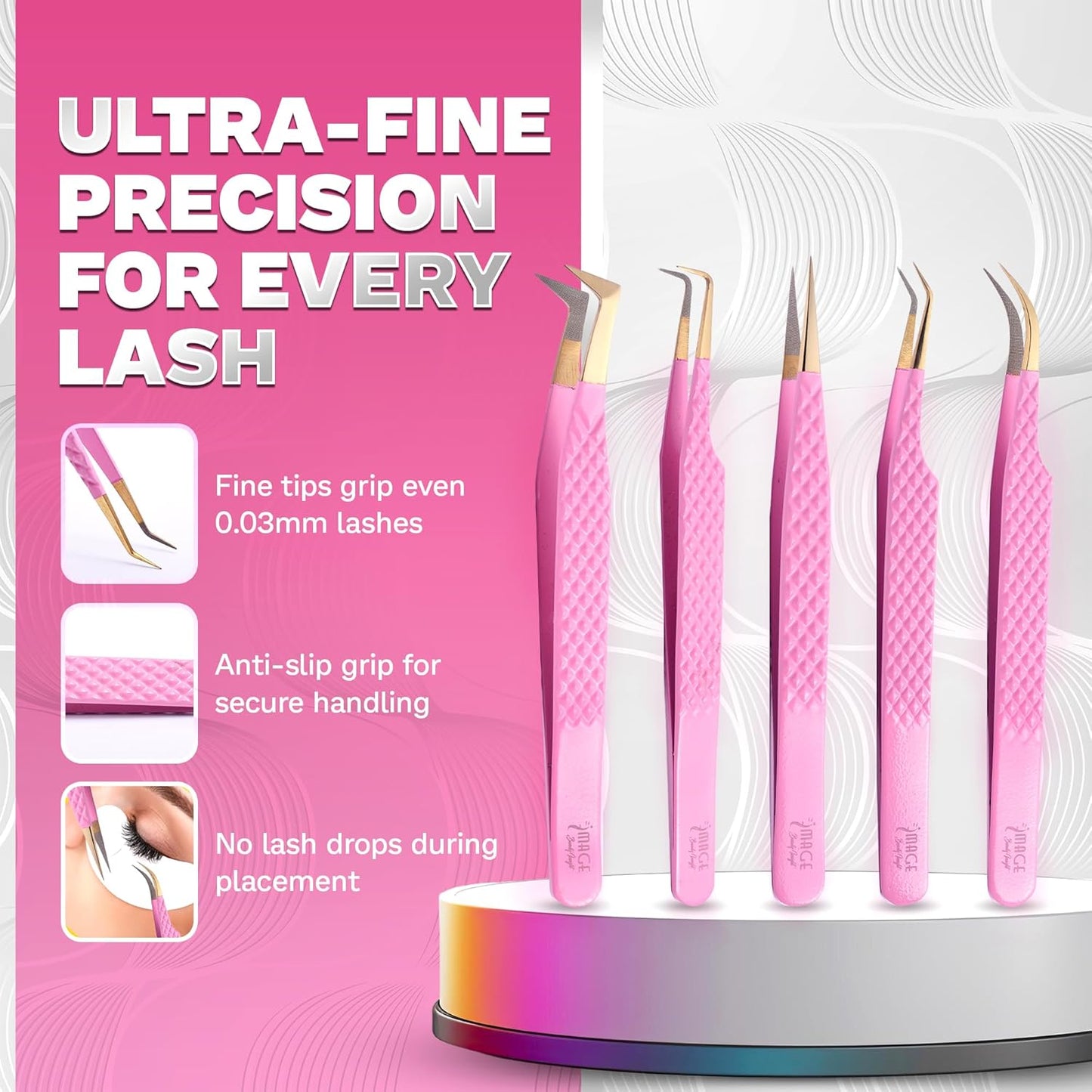 5 Pcs Fiber-Tip Japanese Steel Lash Tweezer Set with Leather Case, Professional Eyelash Tweezers for Lash Extensions – Titanium Coated, 90 & 45 Angled, Precision Pointed Tweezers (PINK)