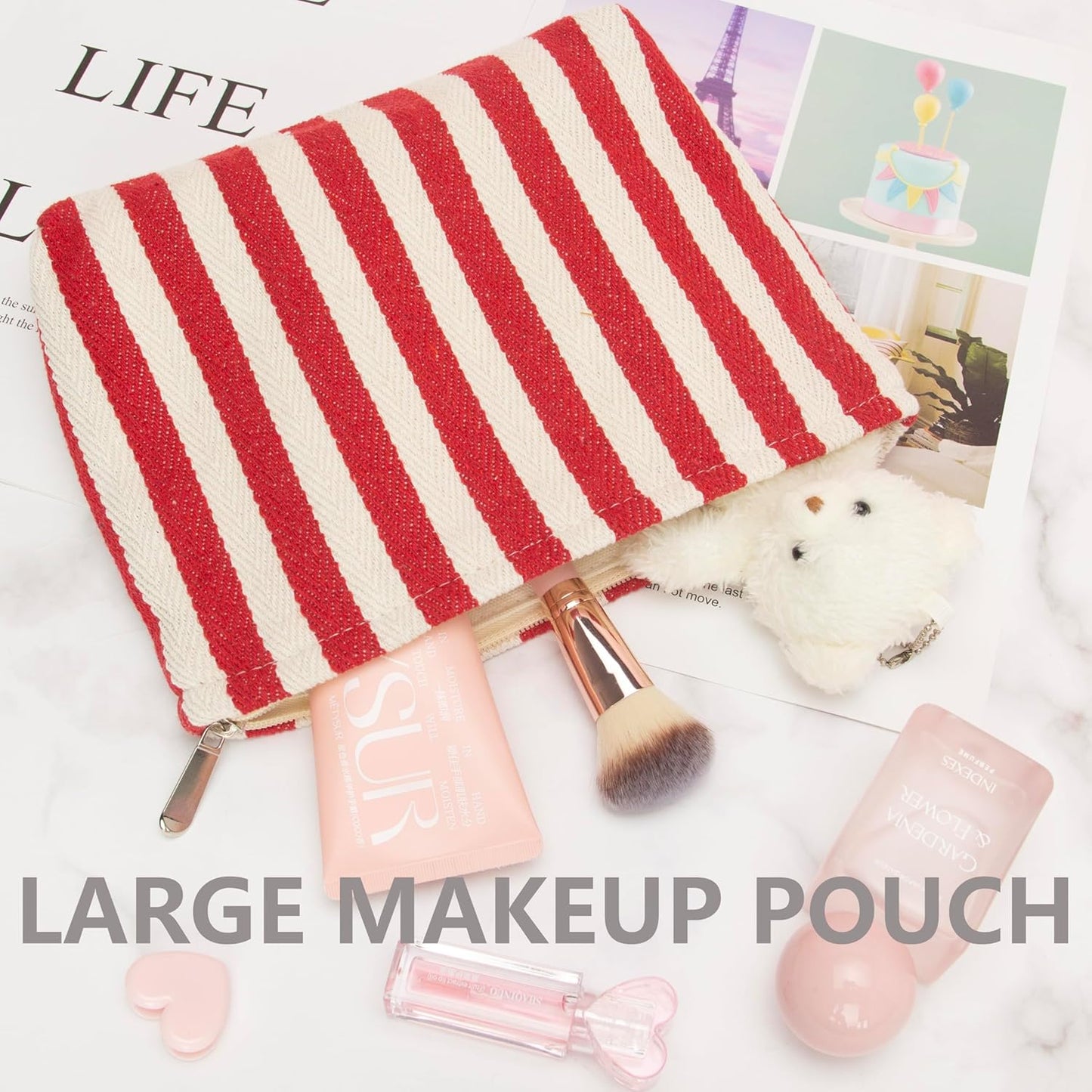 PAZIMIIK Makeup Bag Large Cotton Zipper Pouch for Purse Travel Canvas Make Up Organizer for Women Cosmetic,Stripe Red