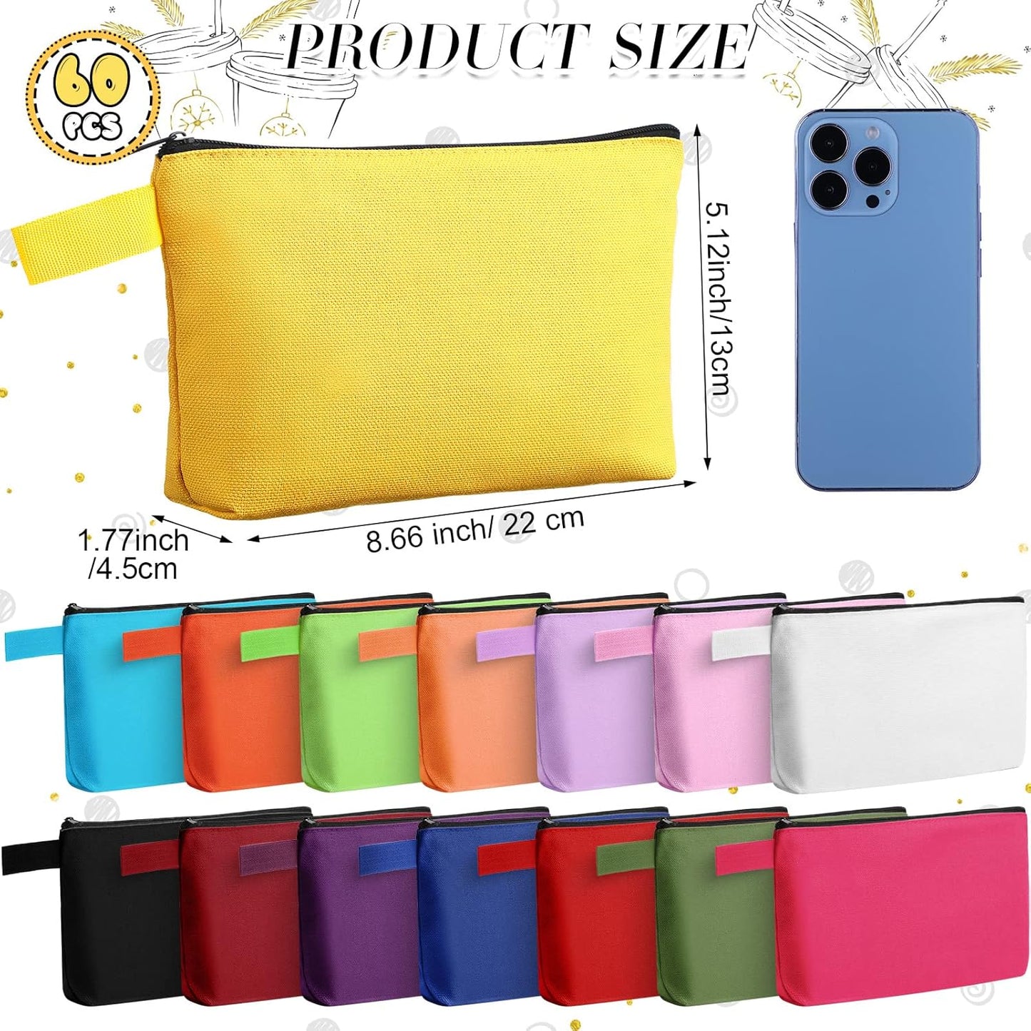 Reginary 60 Pieces Canvas Makeup Bags Bulk Cute Travel Cosmetic Pouch Multipurpose Blank Small Toiletry Bag DIY with Zipper for Women Teens Operation Christmas Gifts Items, 15 Colors(8.6 x 5 x 2 Inch)