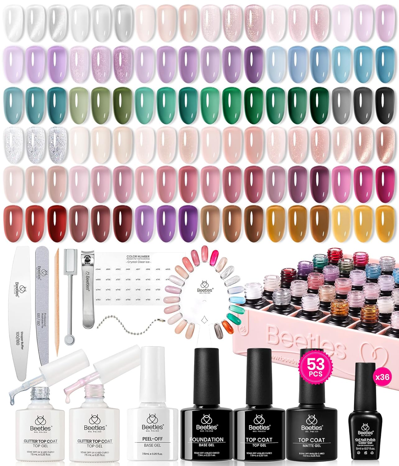 Beetles Jelly Gel Nail Polish Set, 53PCS 36 Colors Jelly Pink Milky White Red Black Blue Green Silver Cat Eye Base Glitter Glossy Matte Top Coat Crystal Ice Collection French Nails Gift for Women