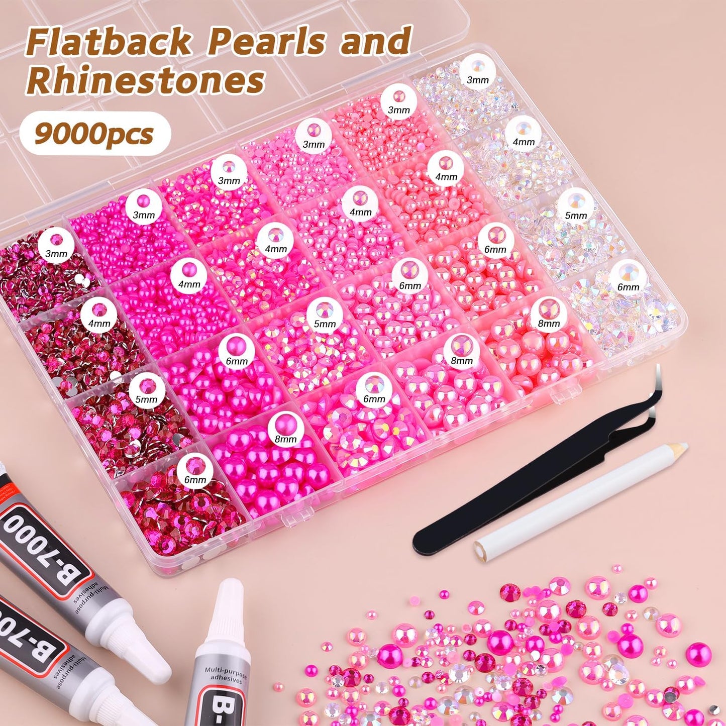 9000PCS Flatback Pearls and Rhinestones for Crafting, Dark Pink 3-10mm Resin Rhinestones and Half Pearls for Bedazzling, Nail Art and Dec with 3pcs B7000 Jewelry Glue, Tweezer and Pickup Pencil