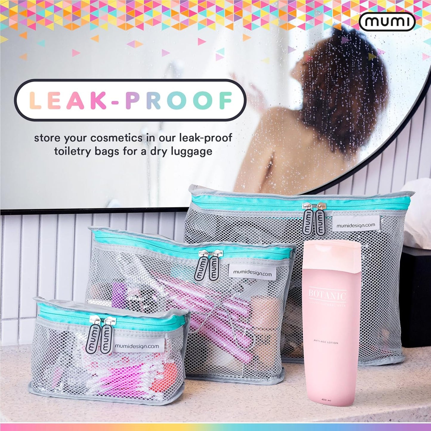 MUMI Travel Toiletry Bag Set of 3 – Clear TSA Approved Toiletry Bags for Women – Reusable Water-Resistant Makeup Organizer Pouches for Skincare, Cosmetics, Travel Accessories, Airport Packing - Blue