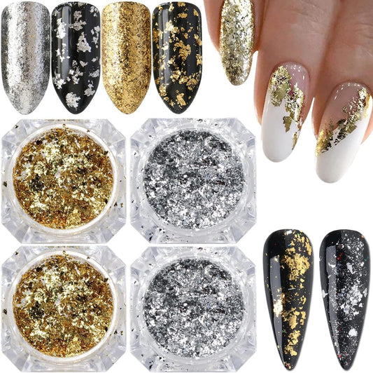 Holographic Nail Foil Glitter Flakes 3D Sparkly Aluminum Foil Flake Gold Silver Nail Glitter Foil Flakes Nail Art Supplies Mirror Powder Sequins Nail Glitter for Acrylic Nails Design (4Boxes)