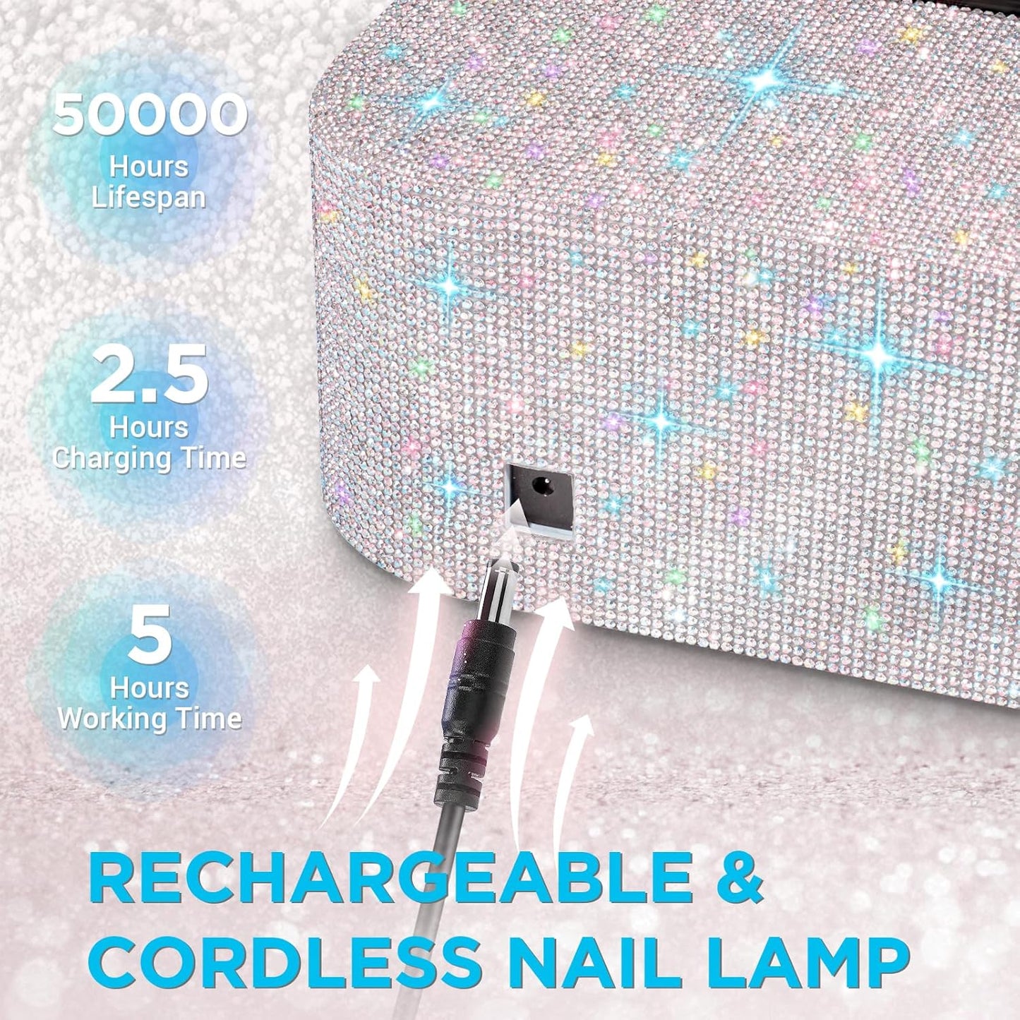 Cordless UV Nail Lamp, Rechargeable UV Light for Gel Nails, LED Nail Lamp with 4 Timer Modes, Gel Nail UV Light Decorate with Sparkling Nail Rhinestones (Sparkly White)