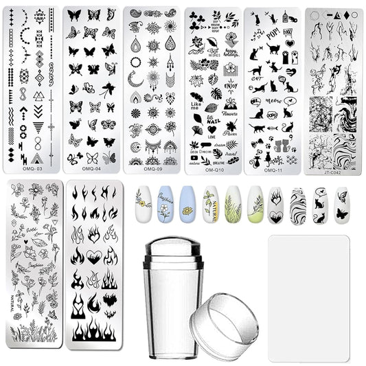 AddFavor Nail Stamper Kit 8pcs Stamping Plates Minimalist Geometric Lines Leaf Image Template for DIY Decorating Polish Gel Plate Print Stamper Manicure Stencils Tools (Mixed-Style D)