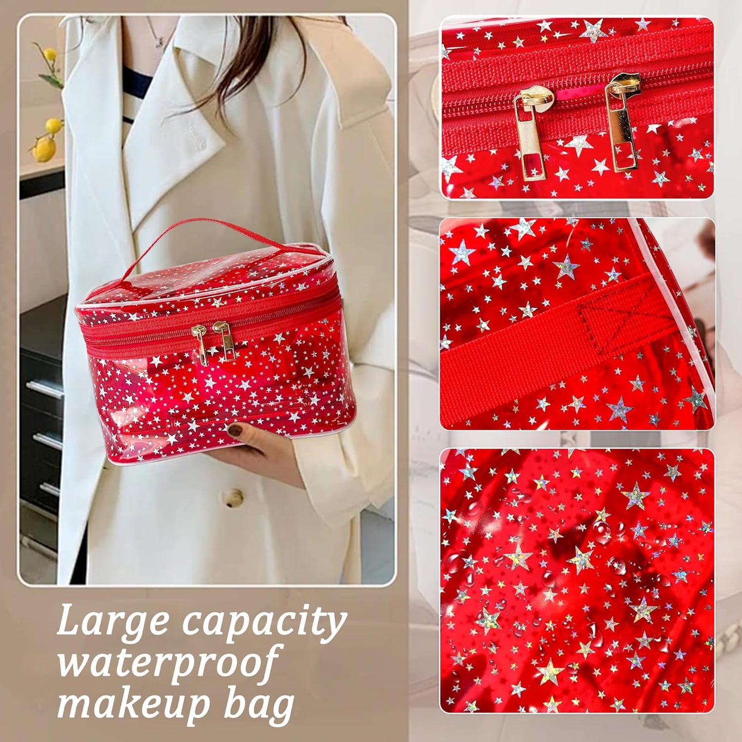 Holographic Makeup Bags Bulk,Clear Storage Bag Toiletry Pocket Portable Zippered Iridescent Pouch Waterproof Cosmetic Gift Bags for Women (Red-L)