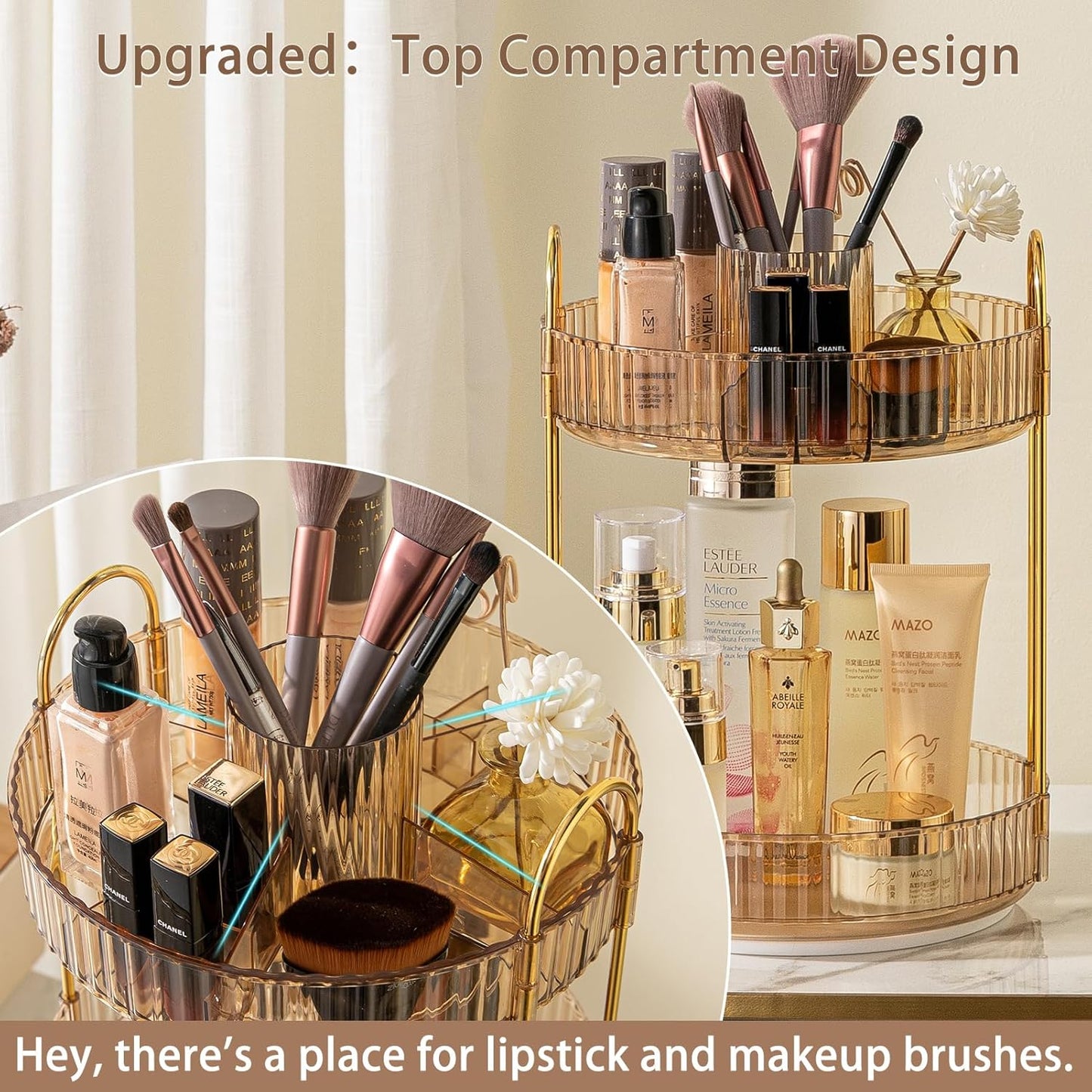 Rotating Makeup Organizer for Vanity, High-Capacity Skincare Clear Make Up Storage Perfume Organizers Cosmetic Dresser Organizer Countertop 360 Spinning (Gold, New-2 Tier)