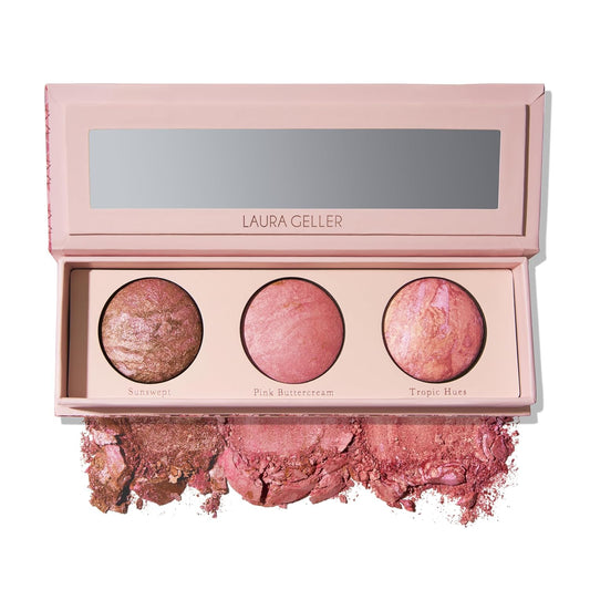 LAURA GELLER NEW YORK Geller's Greatest Blush Crush Baked Blush Trio - Sunswept, Pink Buttercream, Tropic Hues - Blush-n-Brighten Marbleized Blush Palette - All Skin Tones