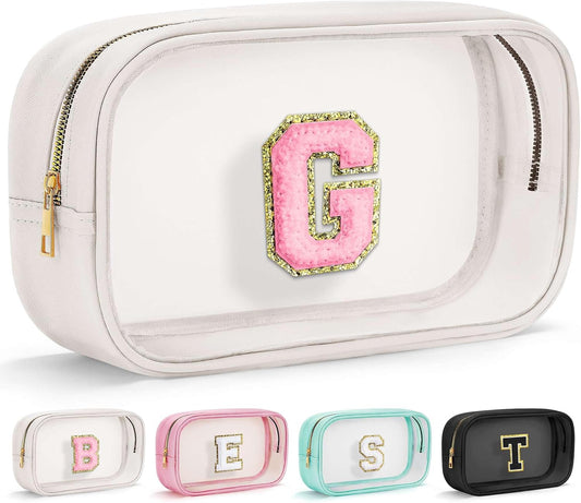 YOOLIFE Initial Make Up Bag Travel Toiletry Bag, Clear Makeup Bag Preppy Cosmetic Bag Travel Essentials Gifts for Women Teen Girlfriend Teacher Mom Birthday Daughter Gifts Swim Gifts For Girls White G