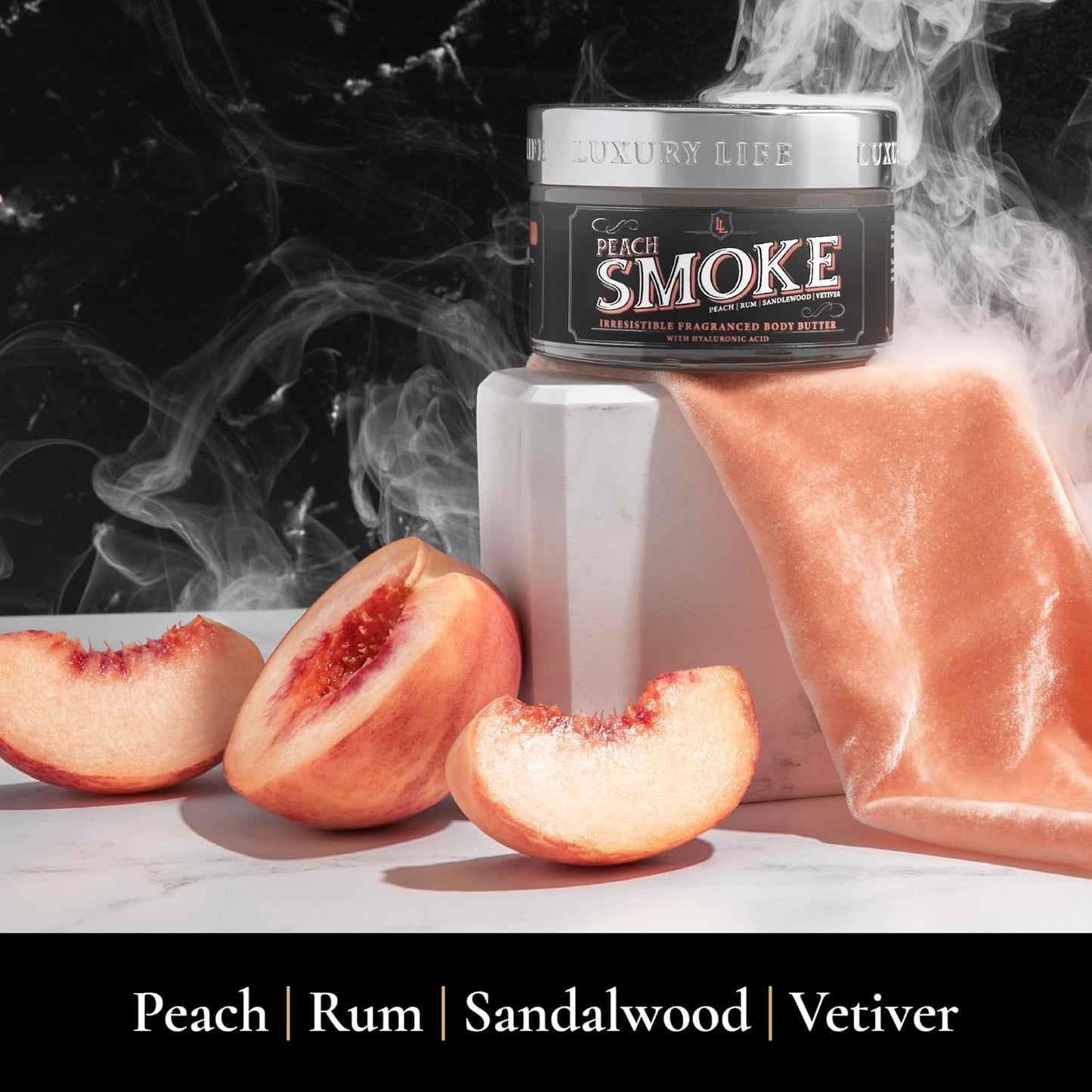 LUXURY LIFE BUTTER - Irresistibly Scented Body Butter with Hyaluronic Acid for Ultimate Moisture. Hydrates for a Non-Greasy Glamorous Glow (Presidential, Peach Smoke, Warm Compliments 5 oz)