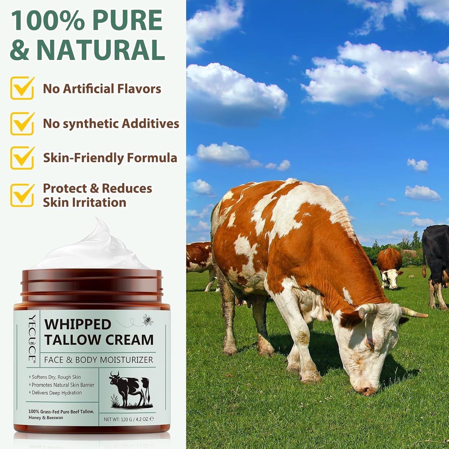 ReliCo Beef Tallow for Skin Moisturizer - Organic Whipped Grass Fed Beef Tallow with Honey Cream for Body, Unscented, 1pcs