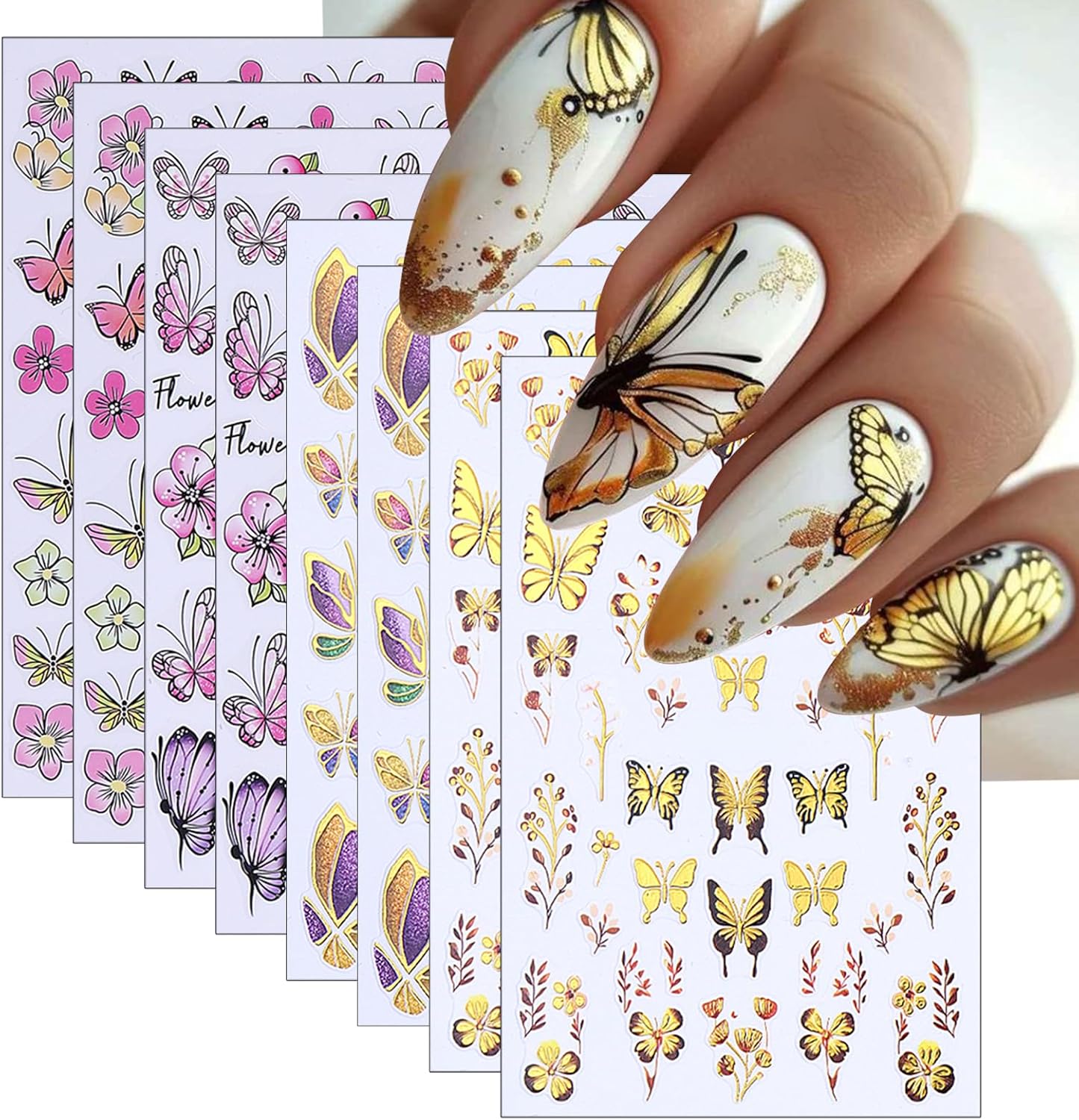 8 Sheets Gold Edge Butterfly Nail Stickers 3D Self Adhesive Holographic Colorful Butterfly Cherry Blossoms Decals Spring Glitter Gold Flower Design Supplies for Women Girls Manicure Decoration