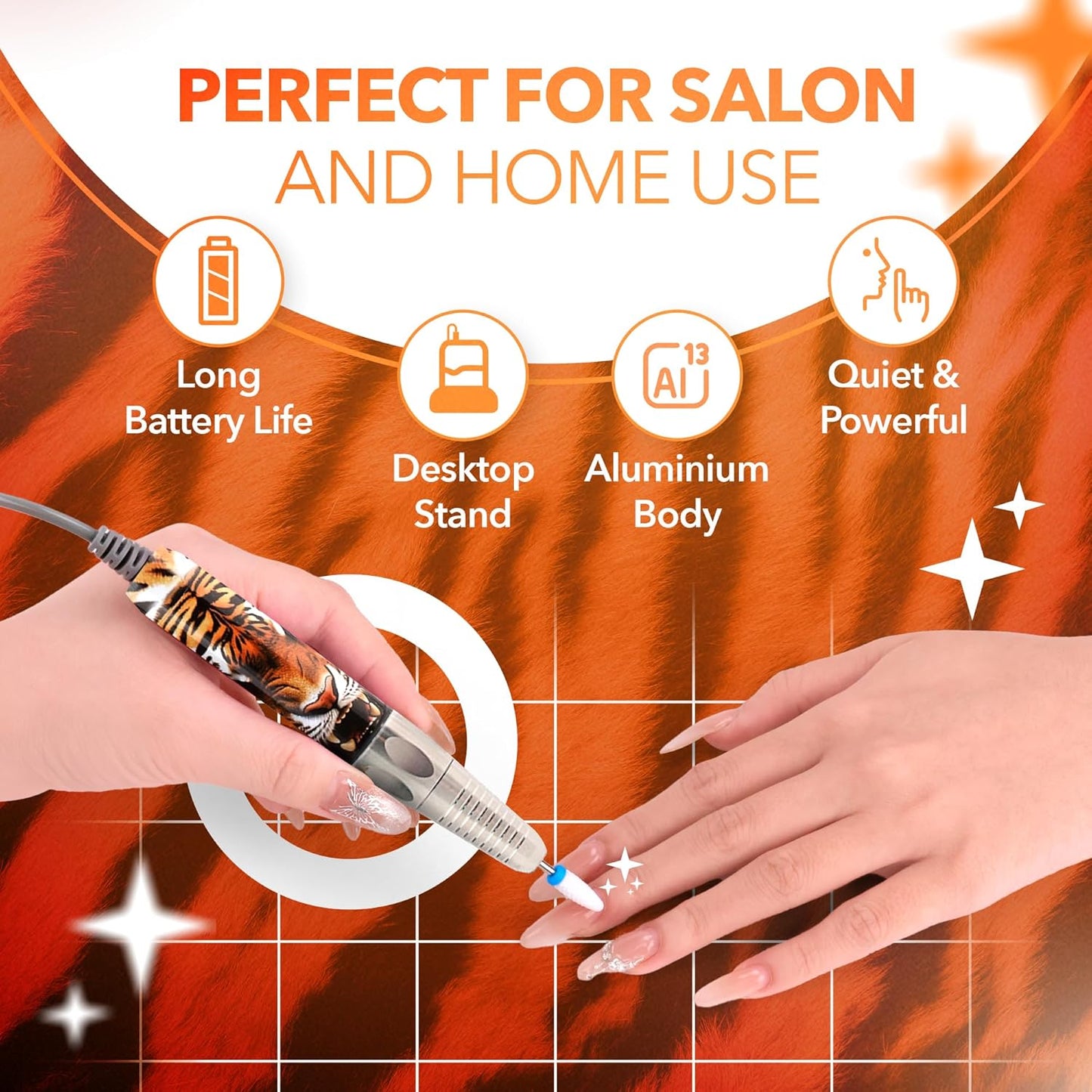 M Max - Nail Drill Professional - 2-in-1 Brushless Motor Nails Drill Machine - Electric, Cordless, Aluminium Alloy Casing, 35000 RPM, HD Display - Perfect for Salon & Home Use Special Edition - Tiger