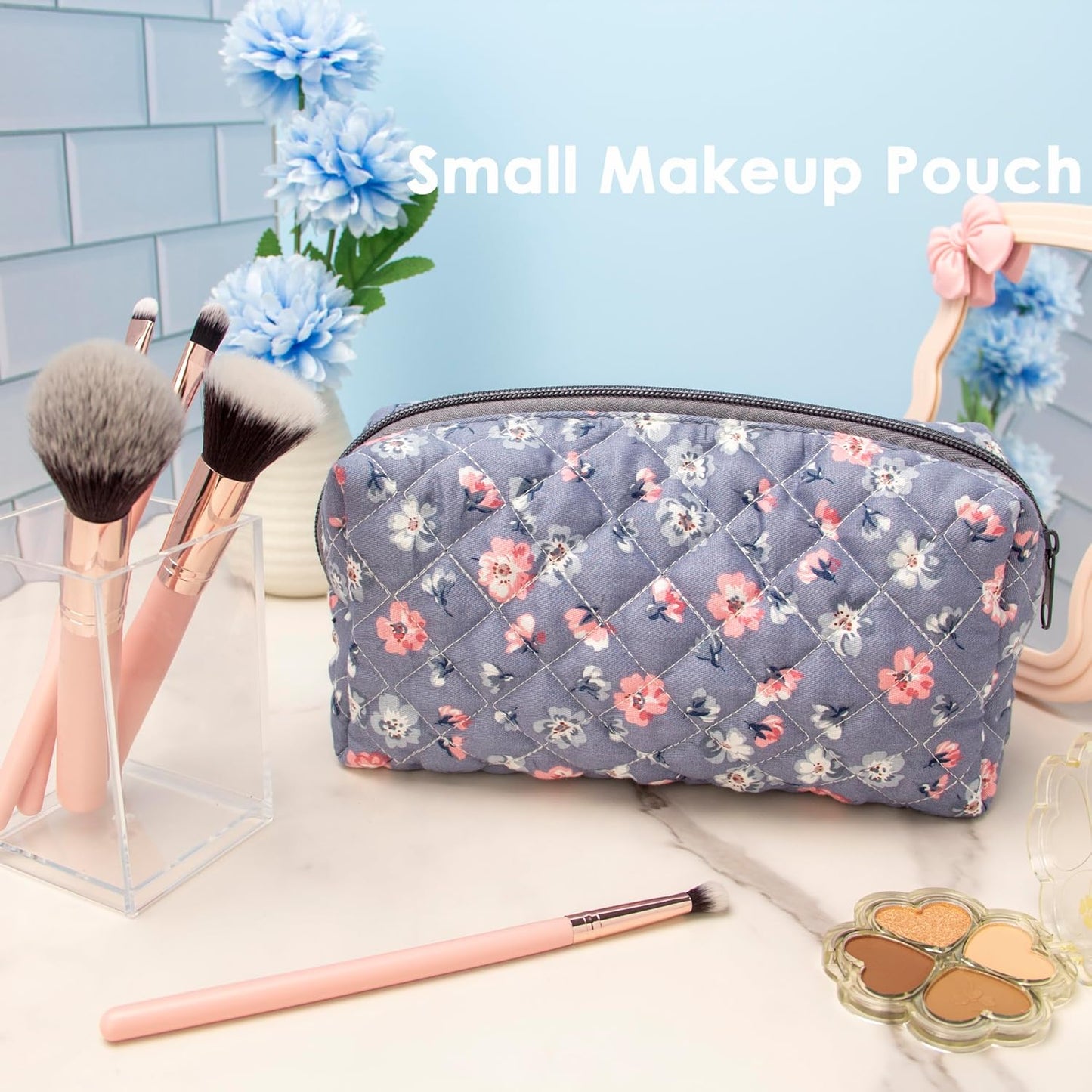 PAZIMIIK Vintage Quilted Makeup Bag Cosmetic Pouch for Brushes Pencils and Travel Make Up Accessories for Women and Girls,Floral Grey