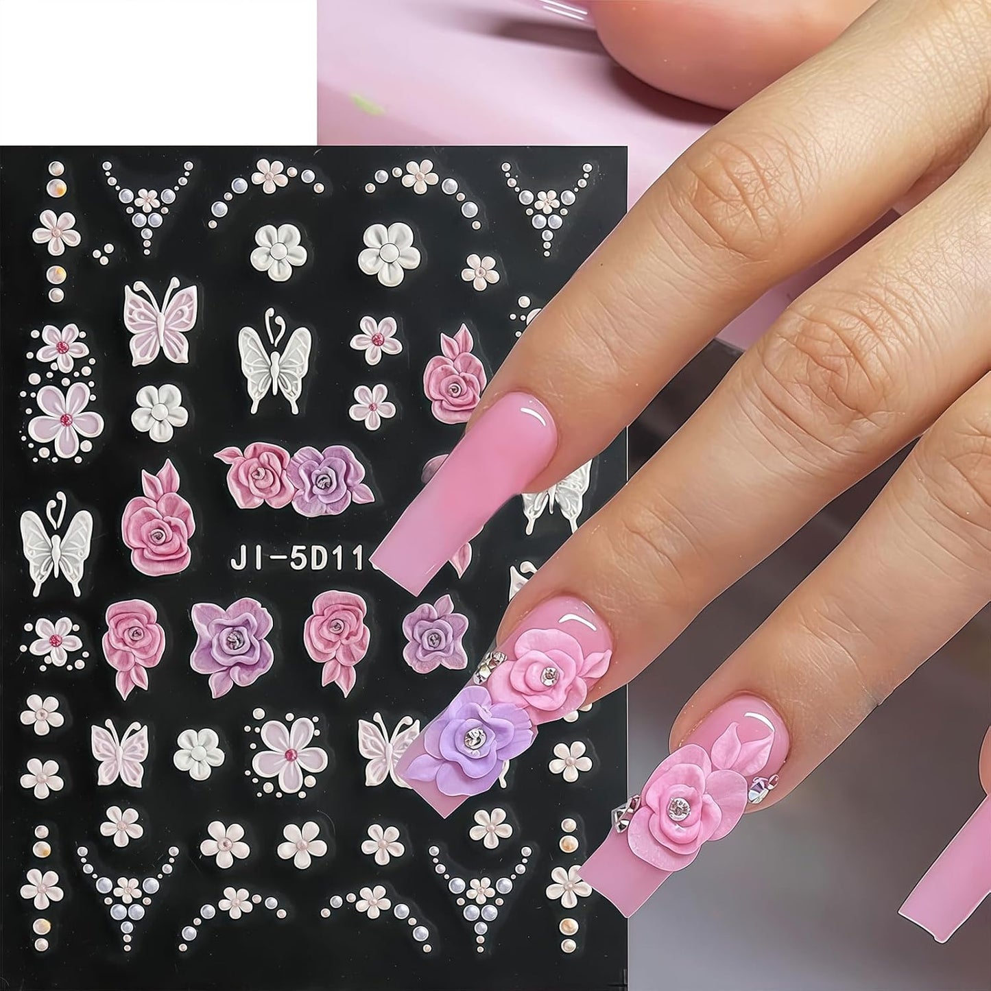 Flower Nail Stickers Decals for Women Girls, 4 Sheets 5D Self-Adhesive Embossed Flower Designs, Semi-Glossy Irregular Fantasy Floral Decals, Spring Summer Nail Accessories
