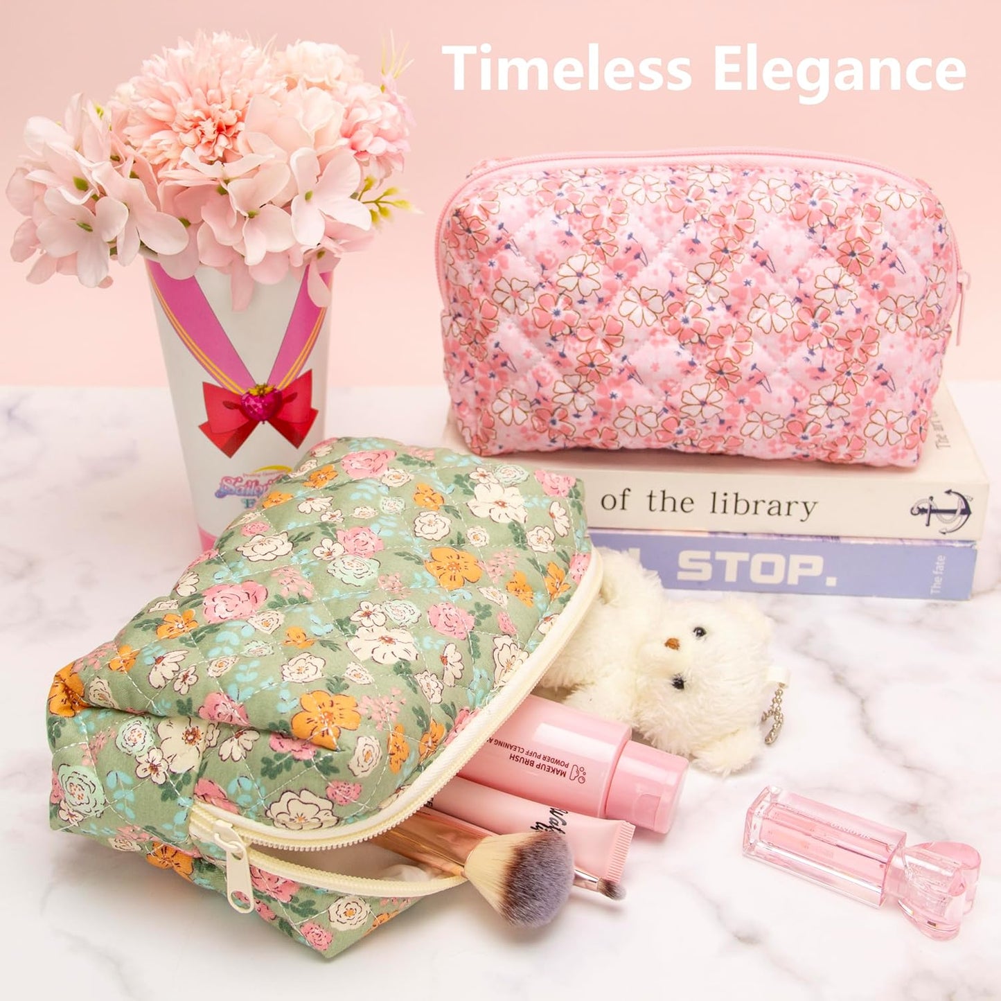PAZIMIIK Vintage Quilted Makeup Bag Cosmetic Pouch for Brushes Pencils and Travel Make Up Accessories for Women and Girls Floral Green