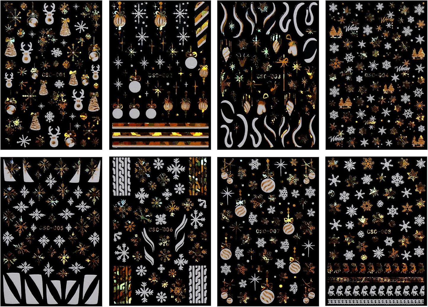 JMEOWIO 8 Sheets Christmas White Glitter Gold Nail Art Stickers Decals Self-Adhesive Snowflake Winter Holiday Nail Supplies Nail Art Design Decoration Accessories