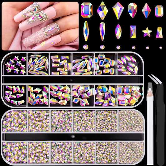 3220Pcs AB Glass Nail Rhinestones 120Pcs Multi Shapes Flatback Gems Crystal + 3100Pcs 1.5-4mm Round Beads, Manicure Diomand Jewelry Gemstones for Nail Design Makeup Acrylic Nails Decoration