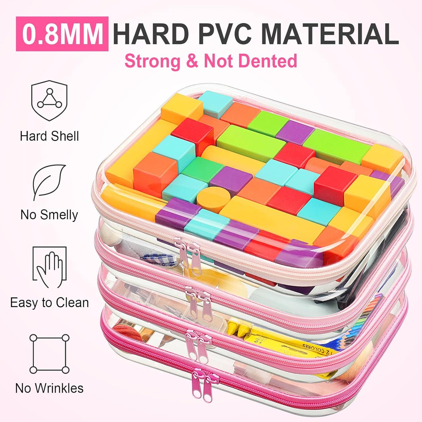 Hoolerry 4 Pcs Hard Clear Zipper Case Makeup Bags Plastic Pencil Pouch Transparent Storage Box Containers for Cosmetics, Snacks, Building Blocks, Puzzles(Pink,9.8 x 7.9 x 2 in)