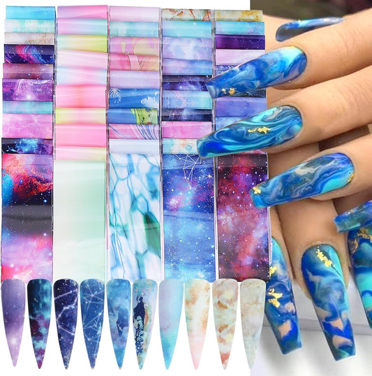 Nail Foils Transfer Nail Art 50PCS Holographic Starry Sky Stickers Marble Decals Nail Supplies Colorful Gradient Pink Blue Nail Art Foil Transfer Sheets Paper for Women DIY Designs Manicure Accessory