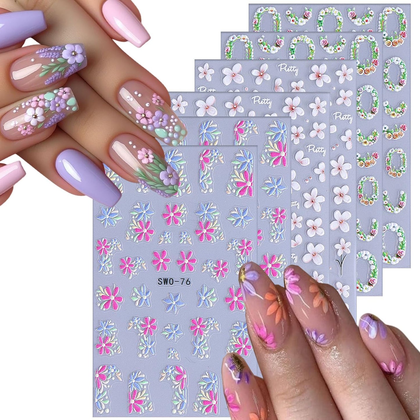 6Sheets Flower Nail Art Stickers 5D Self-Adhesive Nail Sticker Rose Daisy Nail Decals Holographic Stereo Blossom Decal Decoration for Women Wreath Manicure Stickers DIY Nail Art Sticker Supplies