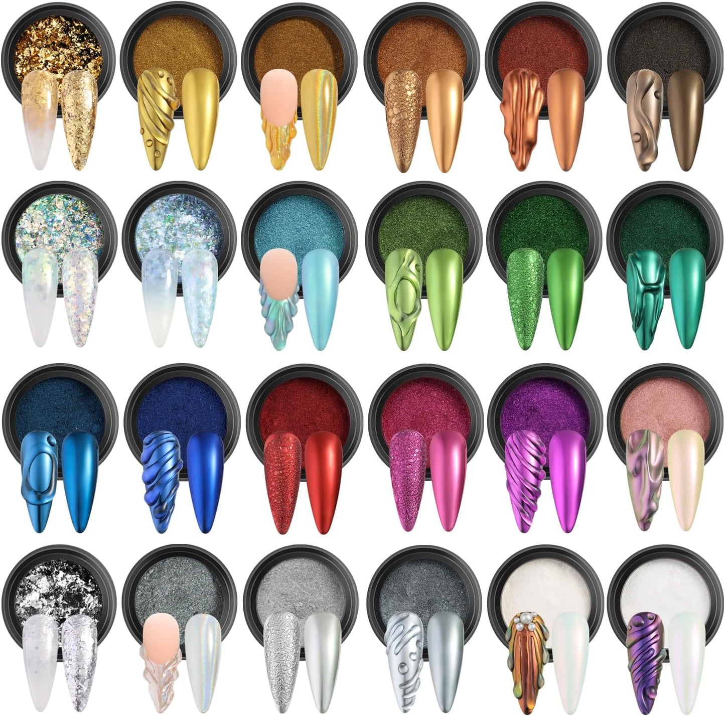 Chrome Nail Powder Set 24 Colors, Mirror Effect Gold Silver Chrome Glitter Powder White Pearl Chrome Powder Iridescent Pigment for Nails Opal Flakes Gold Leaf for Nail Art Decoration