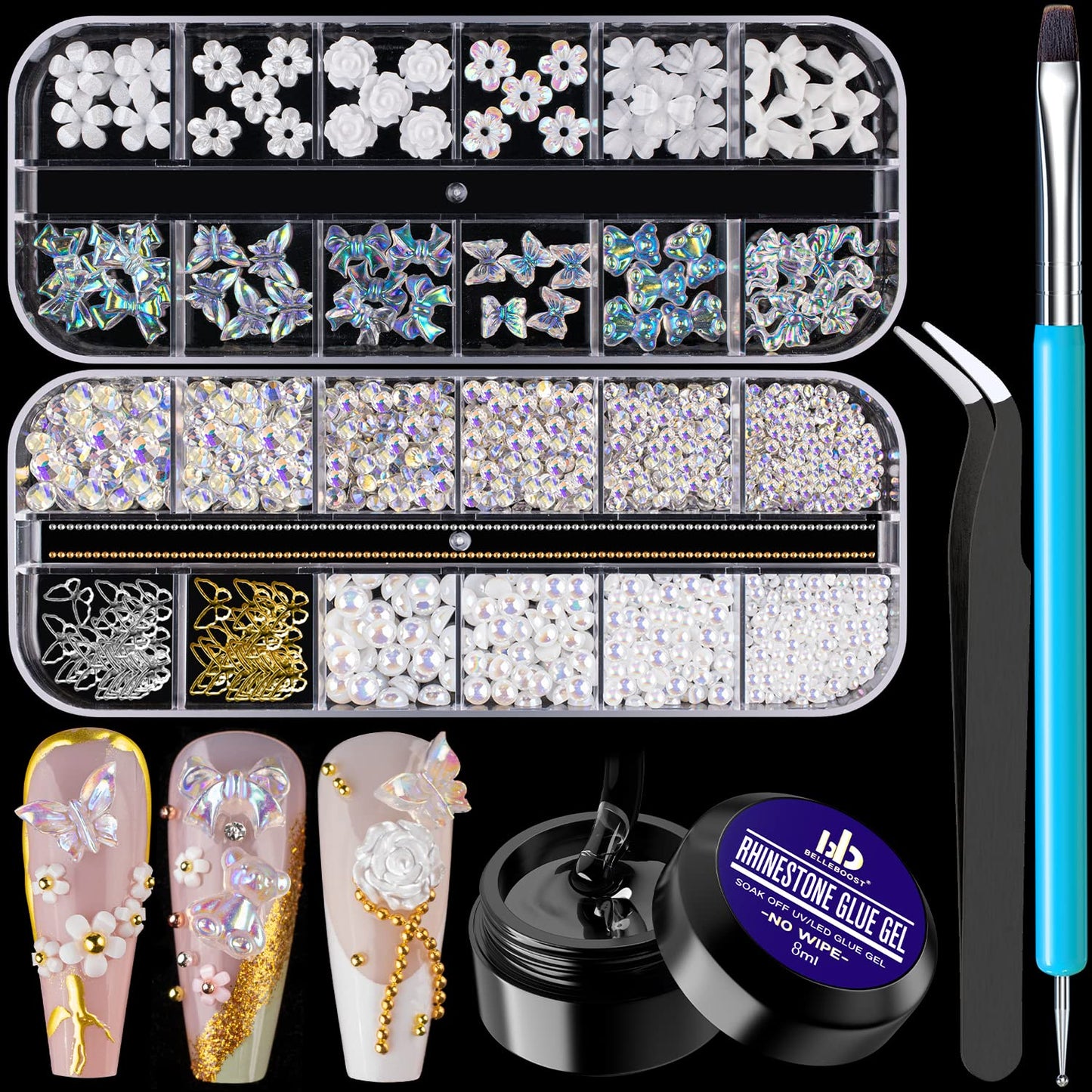 Mixed 3D Nail Art Gem Decoration Accessories Kit #4, Aurora Bear Bow Butterfly Starry AB Rhinestone Charm Jewelry for Deco, Pearl Flower Caviar Bead Stone Crystal with Dual-End Brush and Tweezer