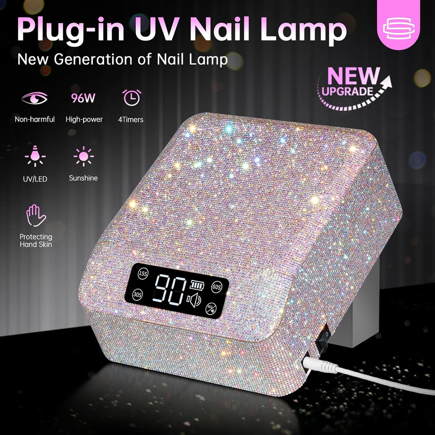 UV LED Nail Lamp 96W Plug-in Nail Dryer Sparkly Gel Polish Light 4 Timer Setting Professional Quick Dry Curing Lamp with Display Auto Sensor for Salon & Home