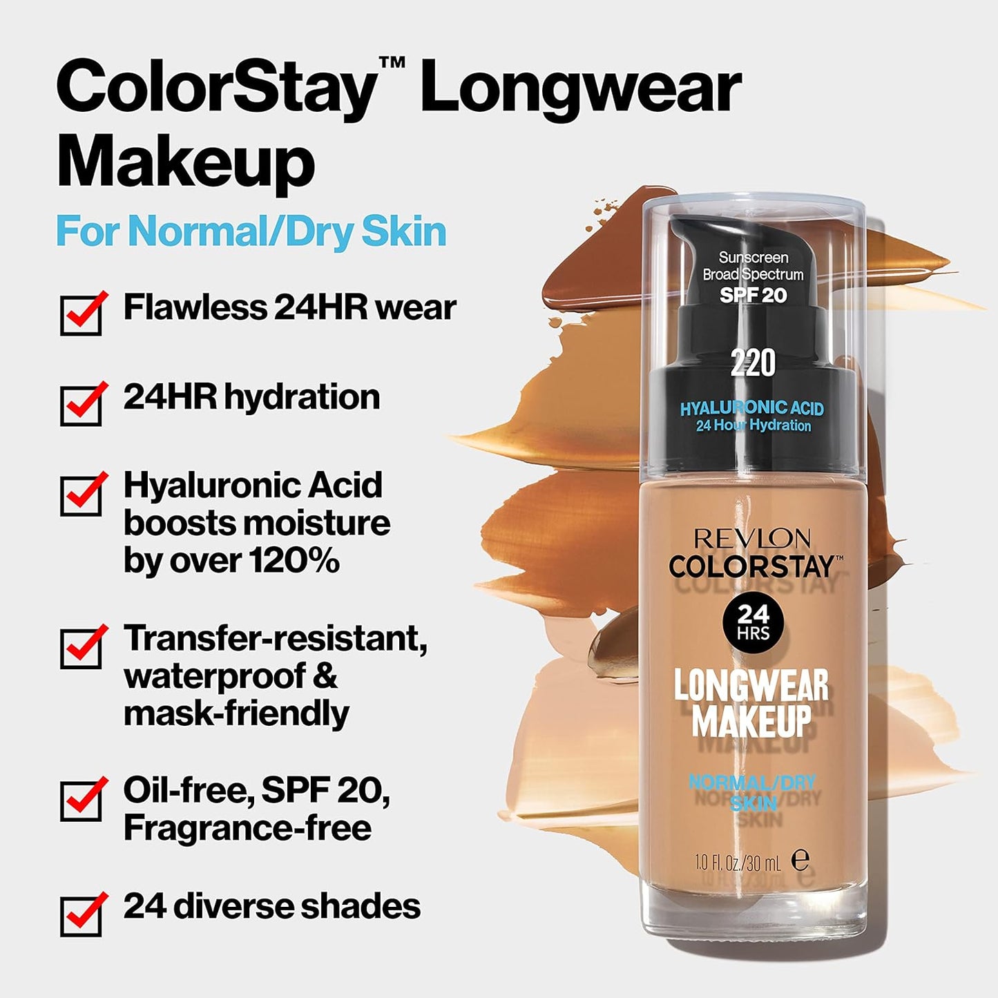 Revlon Liquid Foundation, ColorStay Face Makeup for Normal & Dry Skin, SPF 20, Longwear Medium-Full Coverage with Natural Finish, Oil Free, 180 Sand Beige, 1 Fl Oz