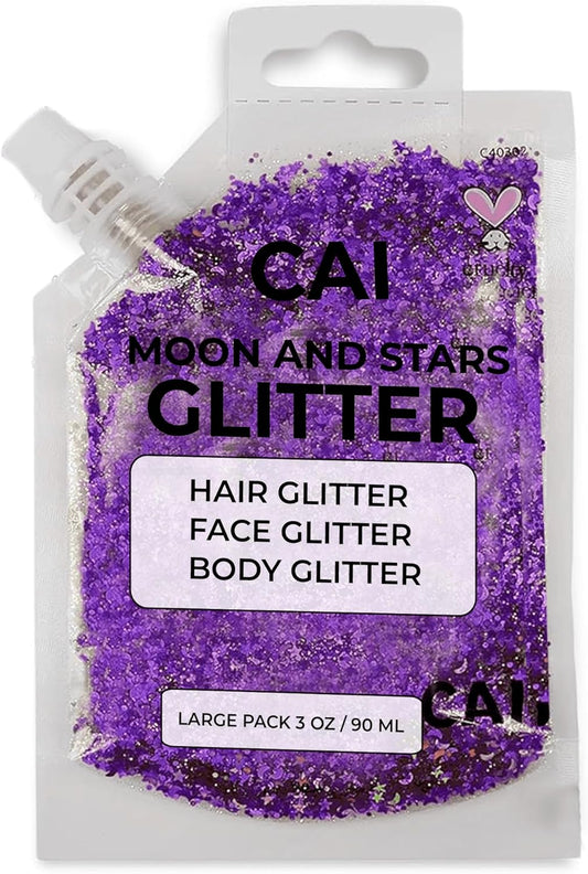 Face, Body & Hair Glitter Gel – Halloween Glitter for Kids and Women – 3 Oz Cosmetic-Grade Gel w/Moon & Stars for Festivals & Halloween Party, Easy Apply & Wash Off - Violet 1Pack