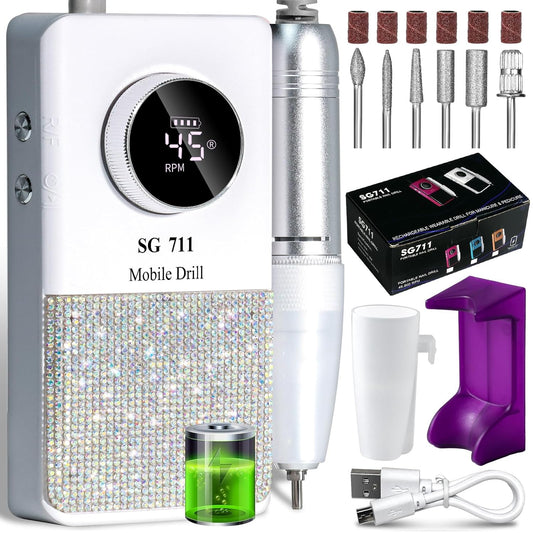 Professional Electric Cordless Nail Drill File:Glitter Portable Cordless E-File Nail Drill Kit with13 Drill Bits 45000RPM Rechargeable Nail Drills Machine for Acrylic Nails Gel Polishing (White)