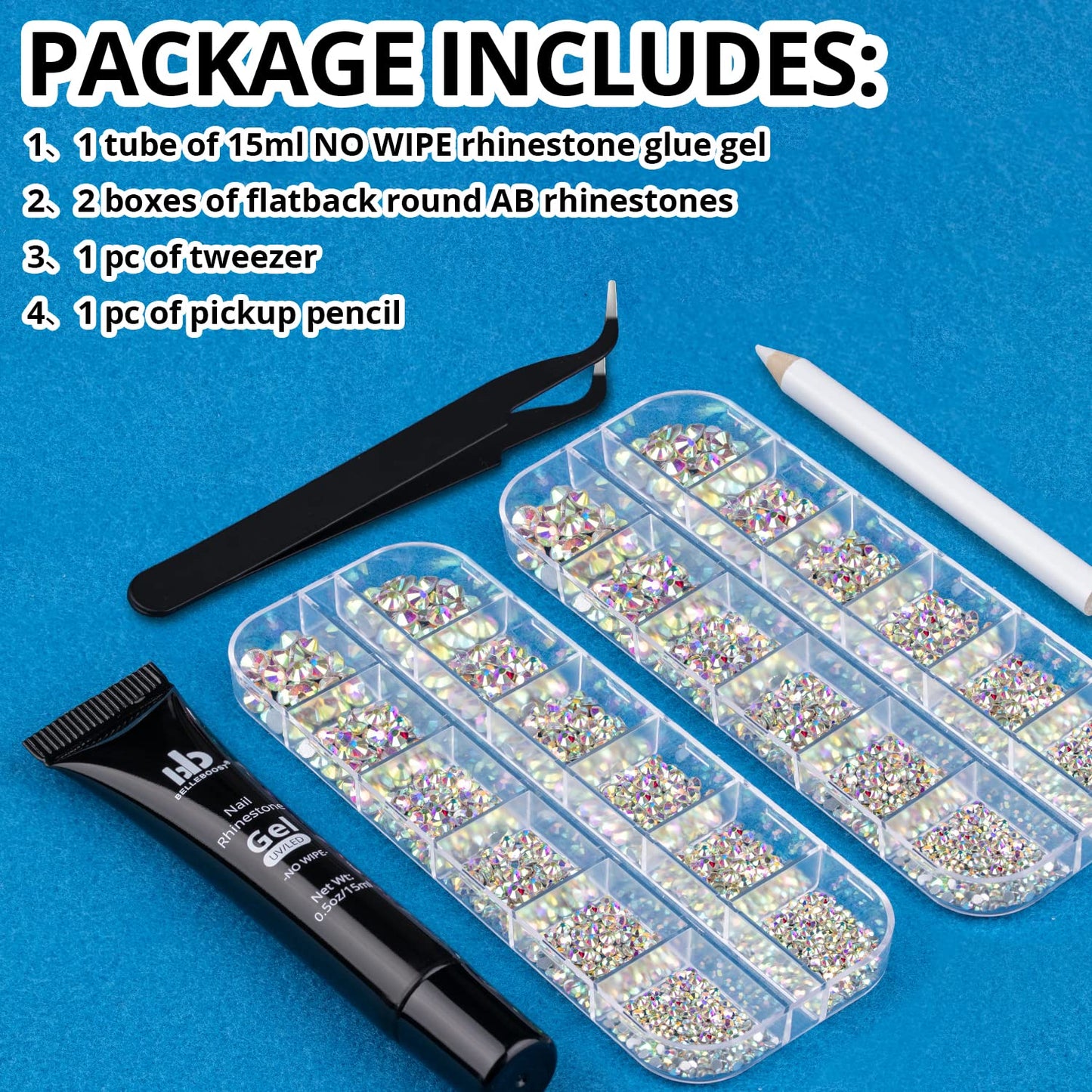 Nail Art Rhinestone Glue Gel&2 Boxes Flatback Gems Kit, 1 Tube of 15ml Rhinestone Gel Glue(UV/LED Needed)+Crystal AB Gems with Pickup Tools