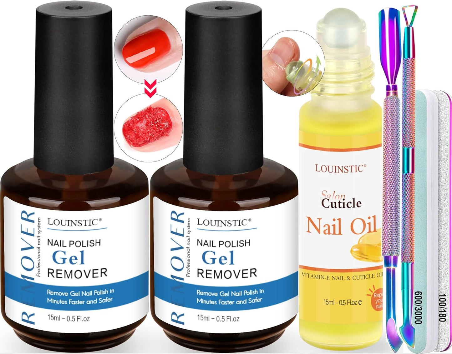 2PCs Gel Nail Polish Remover - 30ML,Fast & Easy, with Roller Cuticle Oil, No Need to Wrap and Soak, Remove Gel Polish in 2-5 Minutes at Home, No Damage to Nails, with Cuticle Pusher Tool,Nail File