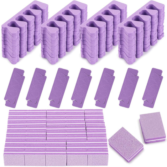 102pcs Toe Separators Set - Premium Pedicure Tool Super Soft Pedicure Toe Separator- Mini Nail Buffer Block File 80/100 Grit 2 Sided, Purple