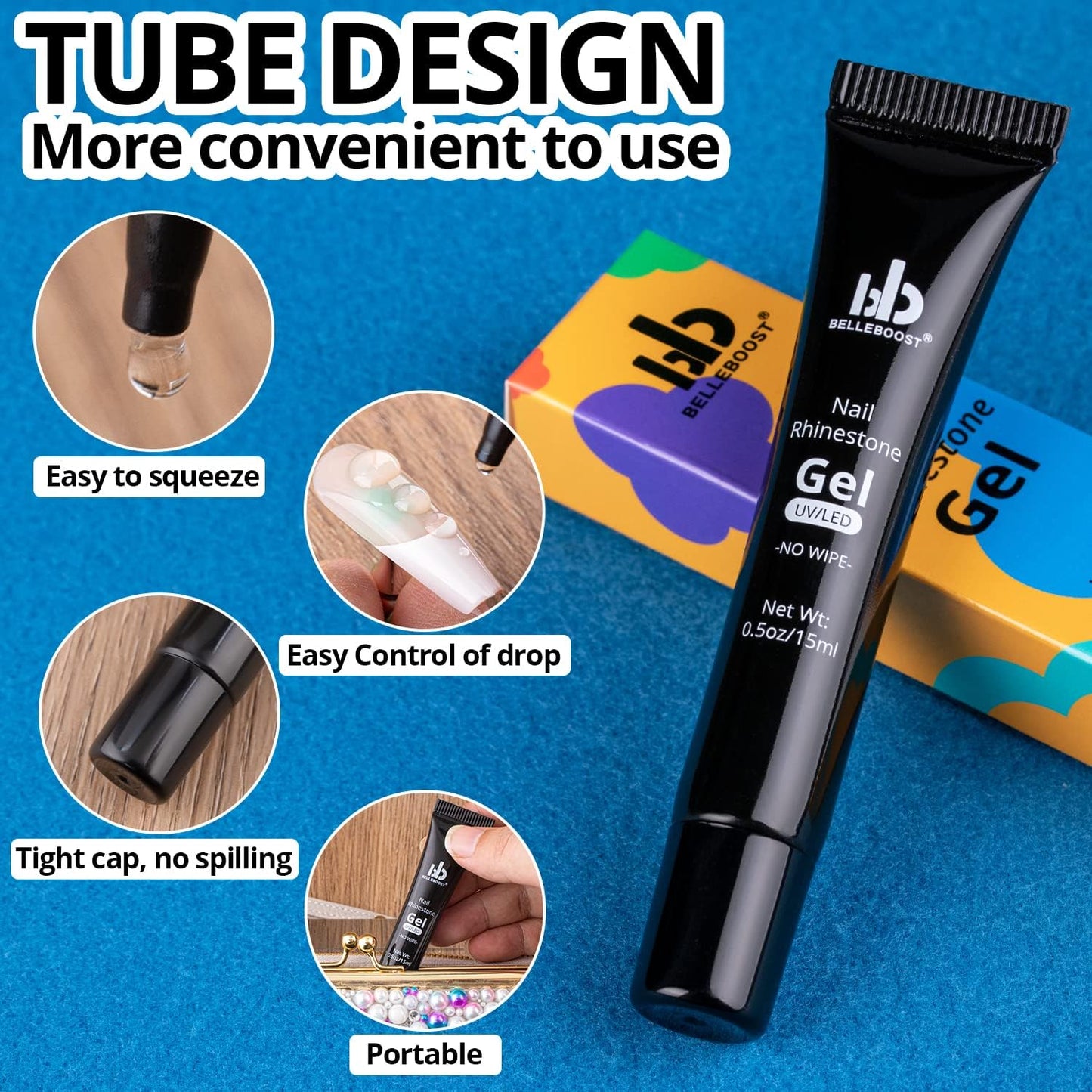 Nail Art Rhinestone Glue Gel&Flatback Gems Accessories Kit, 1 Tube of 15ml Rhinestone Gel Glue(UV/LED Needed)+1 Box of Flat-Back Round Glass Crystal AB&Clear Gemstones with Pickup Pencil and Tweezer