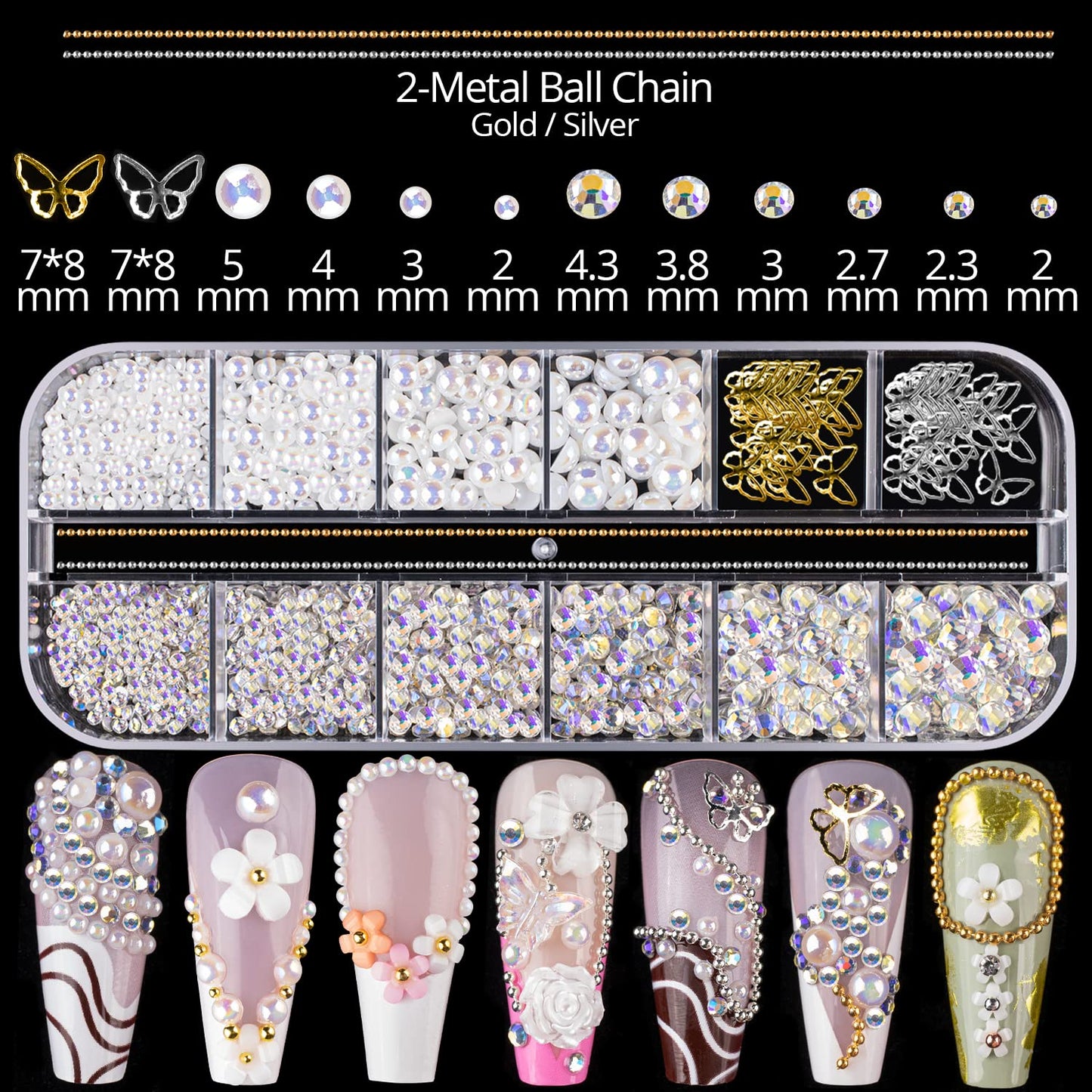 Mixed 3D Nail Art Gem Decoration Accessories Kit #2, Aurora Bear Bow Butterfly Starry AB Rhinestone Charm Jewelry for Deco, Pearl Flower Caviar Bead Stone Crystal with Dual-End Brush and Tweezer