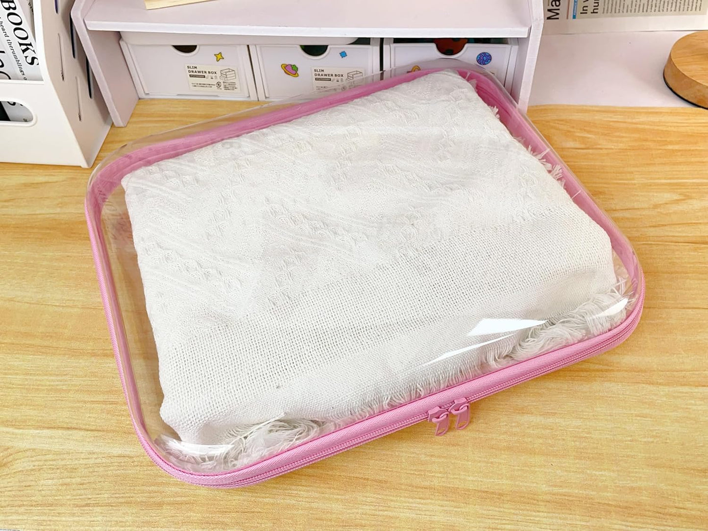 3PCS Clear Zipper Cases, Portable Clear Organizer Pouches for Travel, Double Zippered Hard Shell Plastic Case, Cosmetic Bag for Make Up Tools, Toiletries, Toy Storage (Pink, 2 Pack)