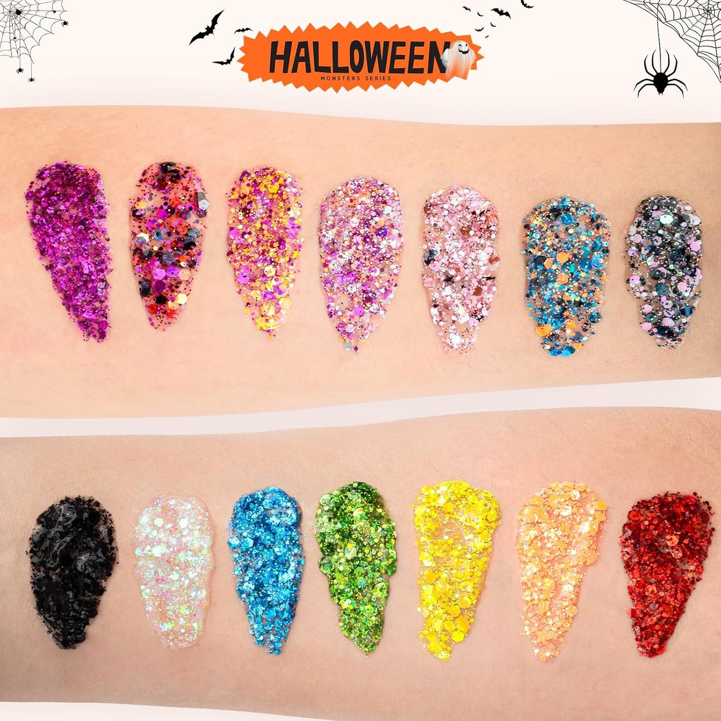 14 Colors Body Glitter,Face Glitter Makeup for Kids Women,Sparkly Chunky Hair Glitter for Eye Lip Nails,Mardi Gras Glitter Makeup Face Paint,Singer Concerts Disco Rave Festival Accessories-Hallowmas