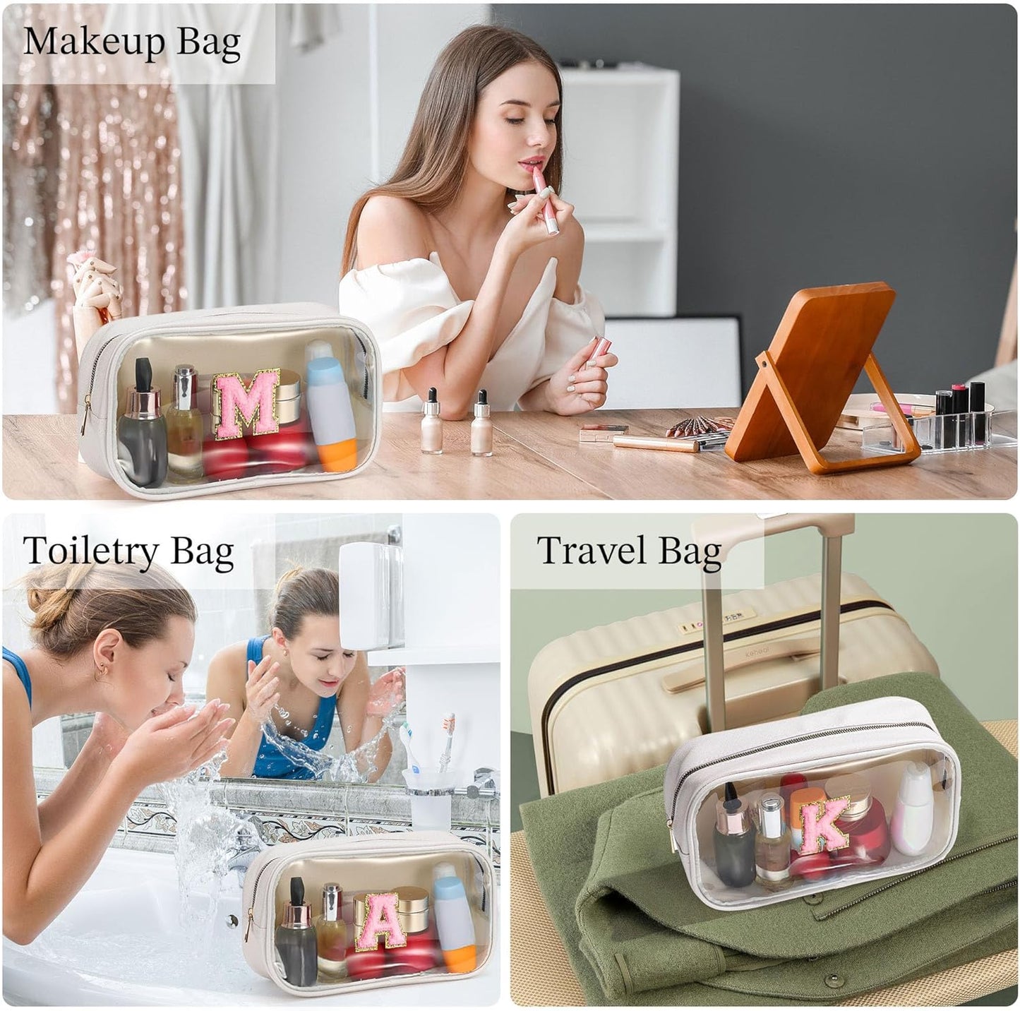 YOOLIFE Initial Make Up Bag Travel Toiletry Bag, Clear Makeup Bag Preppy Cosmetic Bags Organizer Travel Essentials Gifts for Women Teen Girlfriend Teacher Mom Birthday Mothers Day Gifts White E