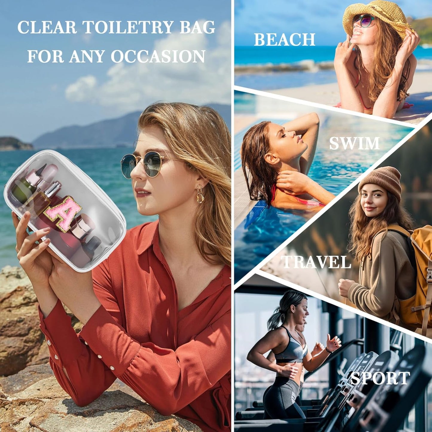 YOOLIFE Initial Make Up Bag Travel Toiletry Bag, Clear Makeup Bag Preppy Cosmetic Bag Travel Essentials Gifts for Women Teen Girlfriend Teacher Mom Birthday Daughter Gifts Swim Gifts For Girls White H